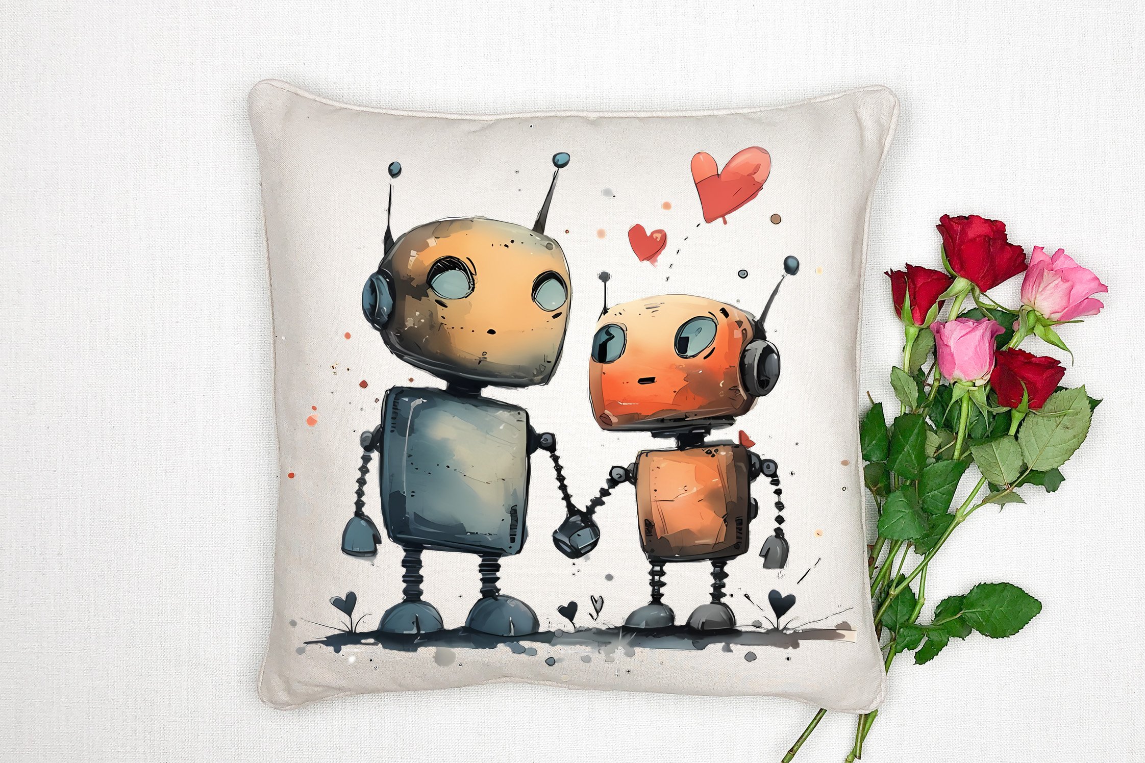 Sevgililer Günü Koleksiyonu - Teknoloji ve Romantizm Buluşması  ''Retro RoBot Aşkı'' 2'li Kırlent Paneli Dikilmemiş Kumaş