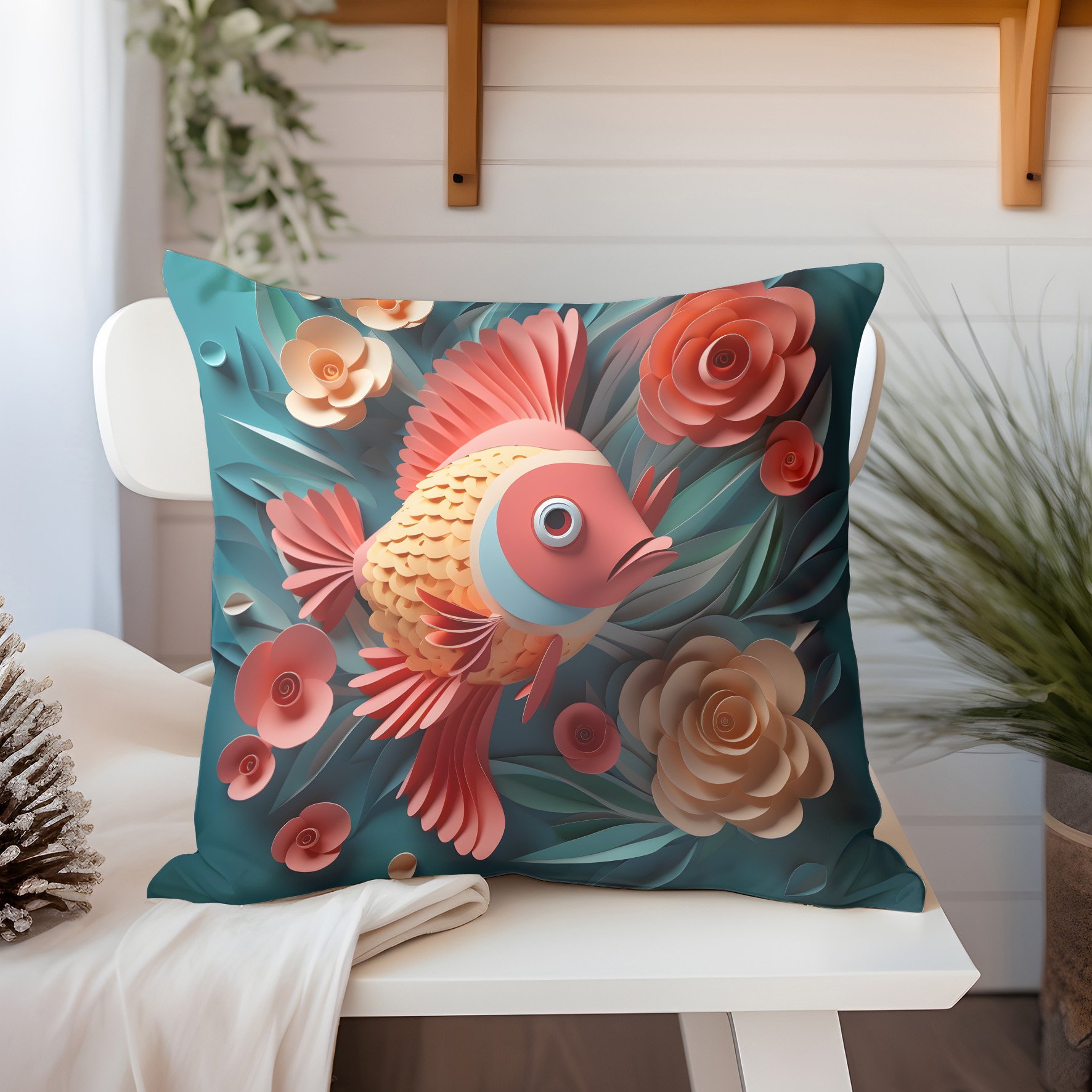 3D Deniz Temalı Kırlent Paneli Dikilmemiş Kumaş