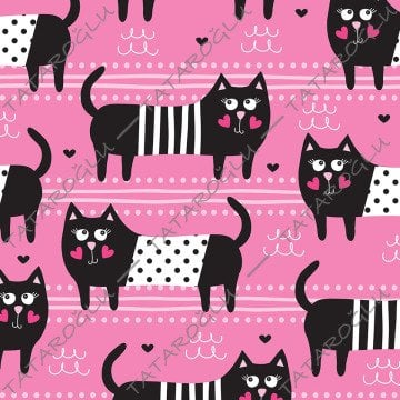Pembe Zemin Üzerine Siyah BeyazPuanlı Çizgili Kedi Desenli Kumaş
