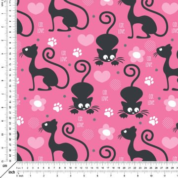 Pembe Zemin Üzerine Füme Kedi Desenli Kumaş