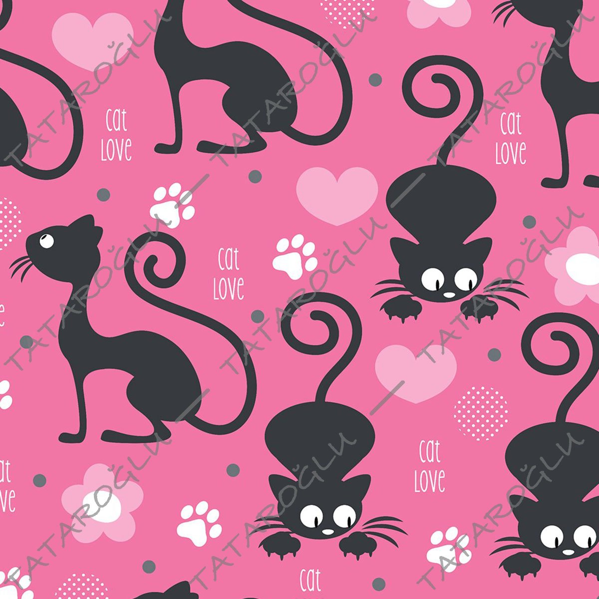 Pembe Zemin Üzerine Füme Kedi Desenli Kumaş
