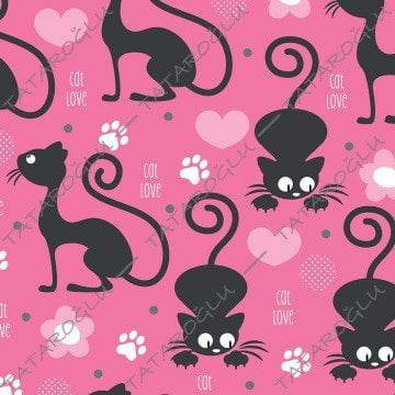 Pembe Zemin Üzerine Füme Kedi Desenli Kumaş