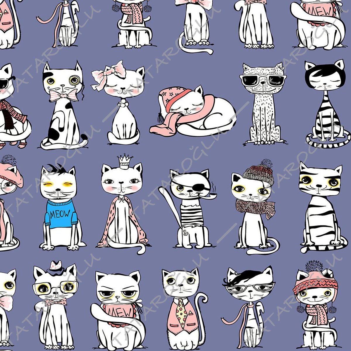 Lila Zemin Üzerine Kedi Desenli Kumaş