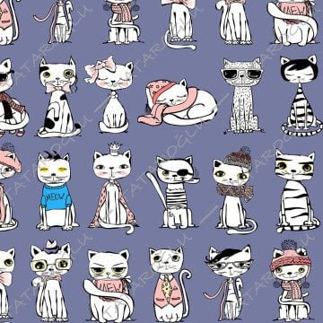 Lila Zemin Üzerine Kedi Desenli Kumaş