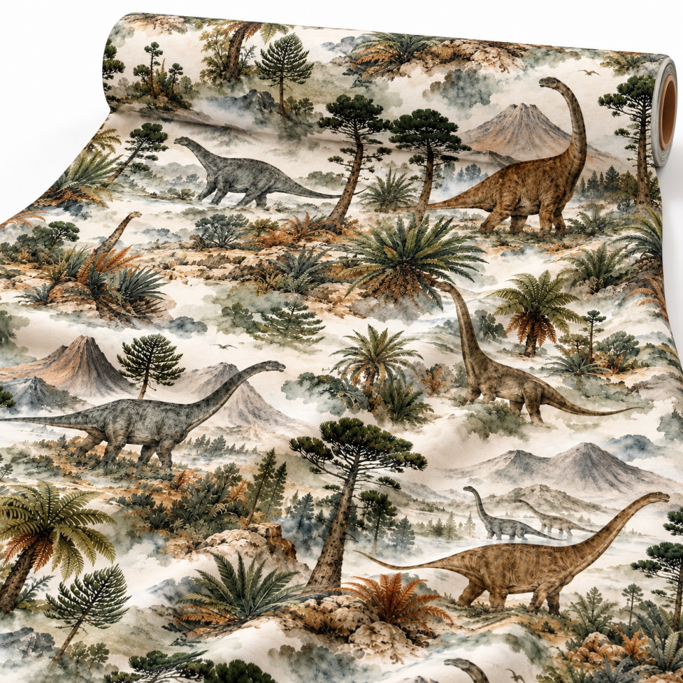 Dinozor Desenli Kumaş – Uzun Boyunlu Dinozorlar ve Vintage Orman | D-LEG-1977