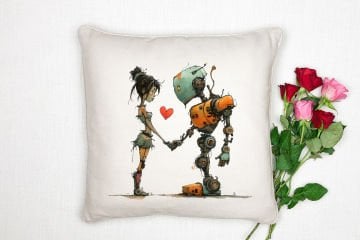Sevgililer Günü Koleksiyonu - Teknoloji ve Romantizm Buluşması  ''Retro RoBot Aşkı'' 2'li Kırlent Paneli Dikilmemiş Kumaş
