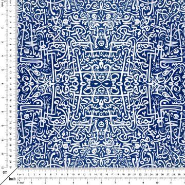 Ramazan Koleksiyonu - Lacivert Beyaz Geleneksel Geometrik İslam Motifleri, Kaligrafik Tasarım Kumaş