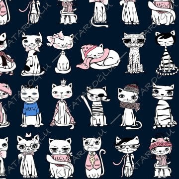 Lacivert Zemin Üzerine Kedi Desenli Kumaş