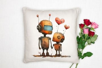Sevgililer Günü Koleksiyonu - Teknoloji ve Romantizm Buluşması  ''Retro RoBot Aşkı'' 2'li Kırlent Paneli Dikilmemiş Kumaş