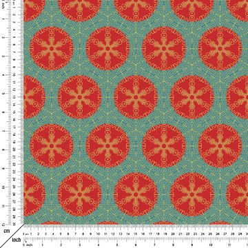 Ramazan Koleksiyonu - Turkuaz Zeminde Kırmızı Geleneksel Geometrik İslam Motifleri, Kaligrafik Tasarım Kumaş