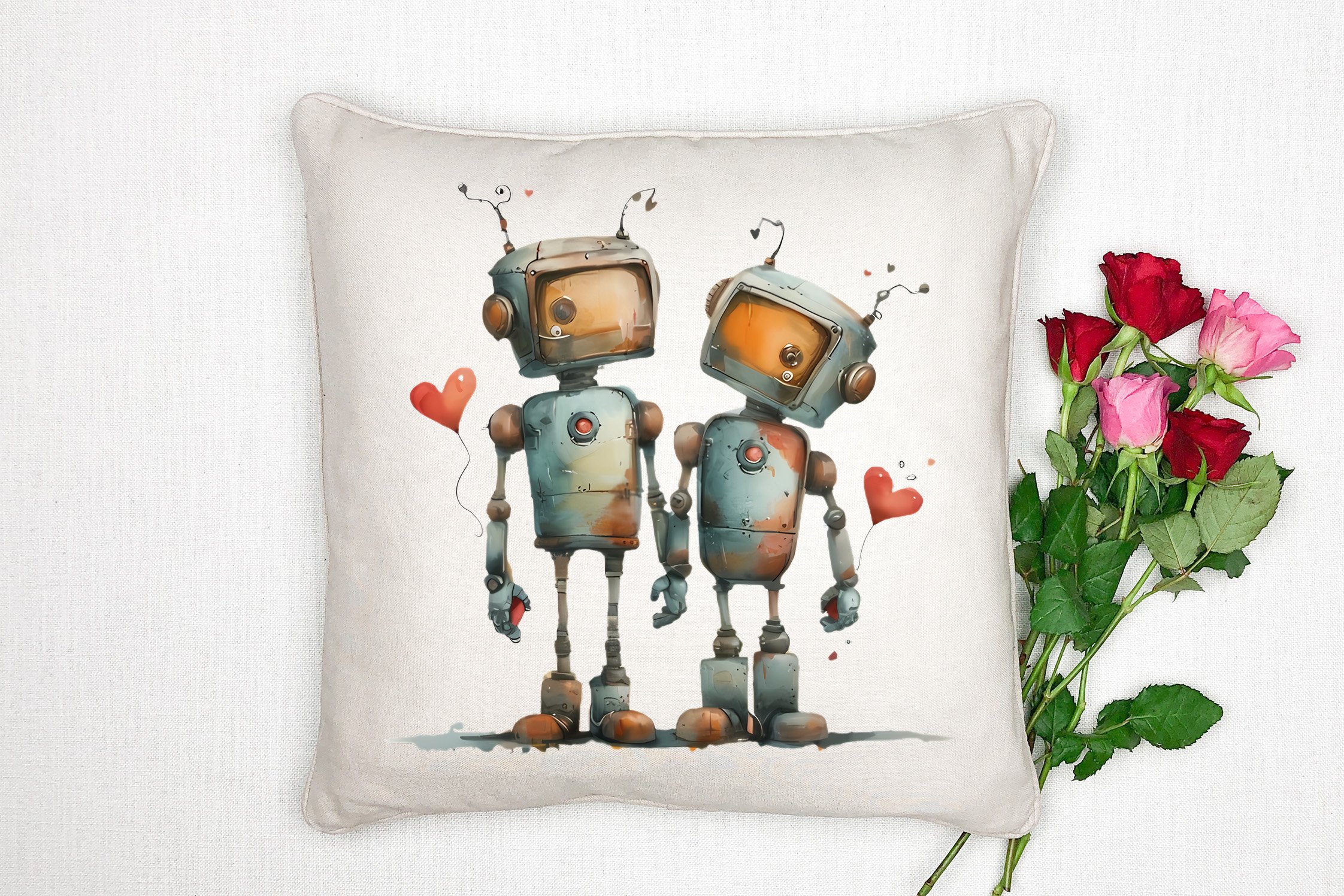 Sevgililer Günü Koleksiyonu - Teknoloji ve Romantizm Buluşması  ''Retro RoBot Aşkı'' 2'li Kırlent Paneli Dikilmemiş Kumaş