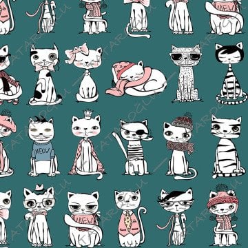 Mint Yeşili Zemin Üzerine Kedi Desenli Kumaş