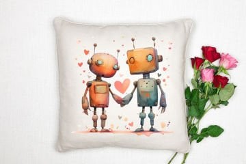 Sevgililer Günü Koleksiyonu - Teknoloji ve Romantizm Buluşması  ''Retro RoBot Aşkı'' 2'li Kırlent Paneli Dikilmemiş Kumaş