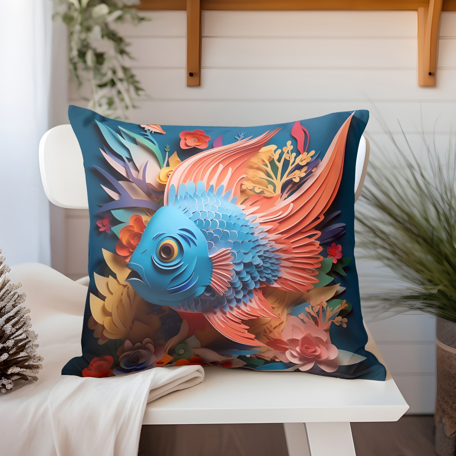 3D Deniz Temalı Kırlent Paneli Dikilmemiş Kumaş