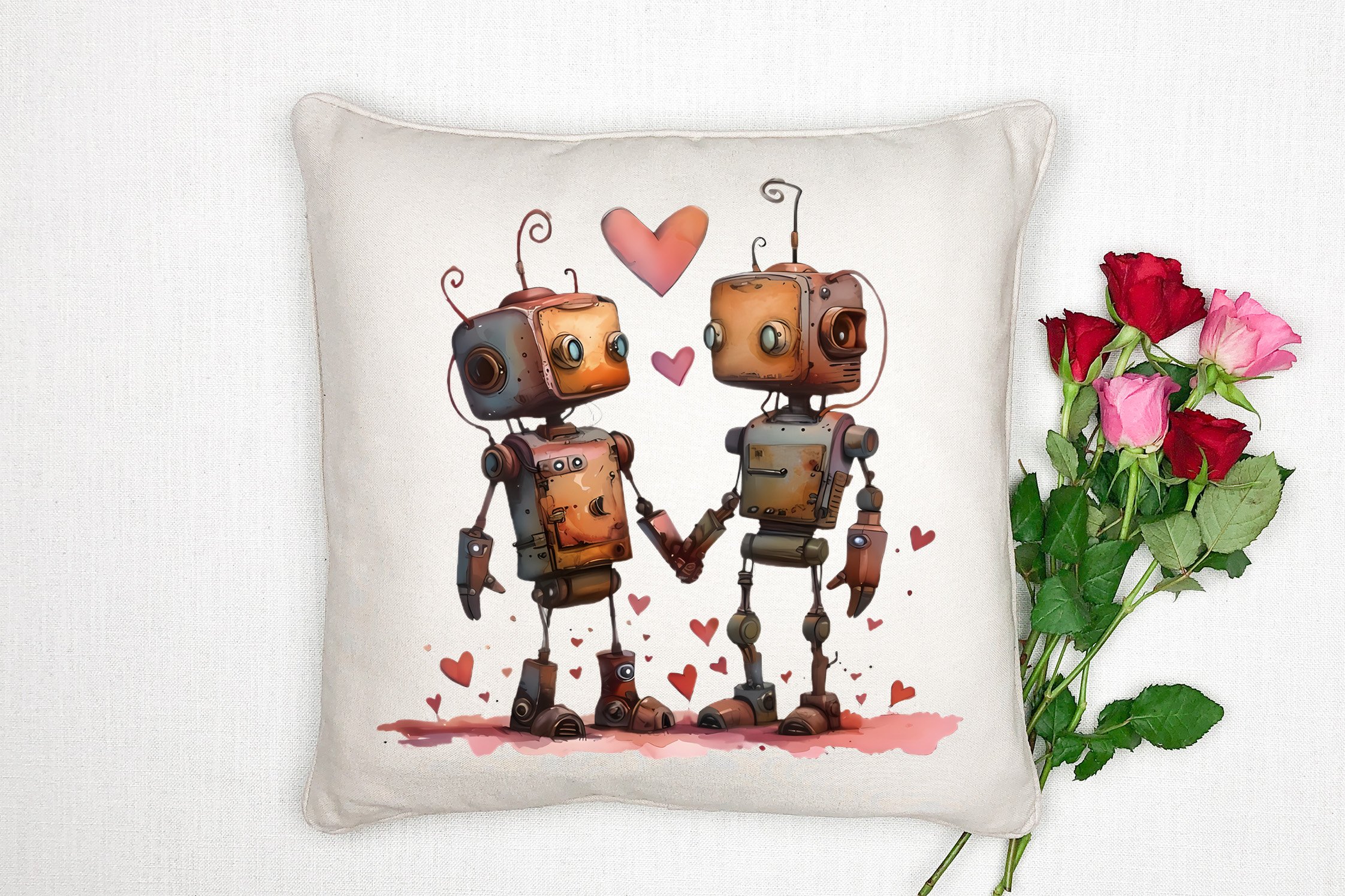 Sevgililer Günü Koleksiyonu - Teknoloji ve Romantizm Buluşması  ''Retro RoBot Aşkı'' 2'li Kırlent Paneli Dikilmemiş Kumaş