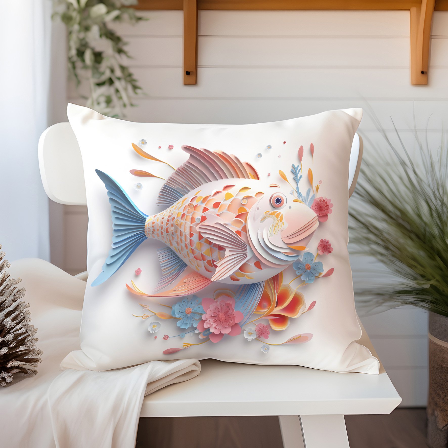3D Deniz Temalı Kırlent Paneli Dikilmemiş Kumaş