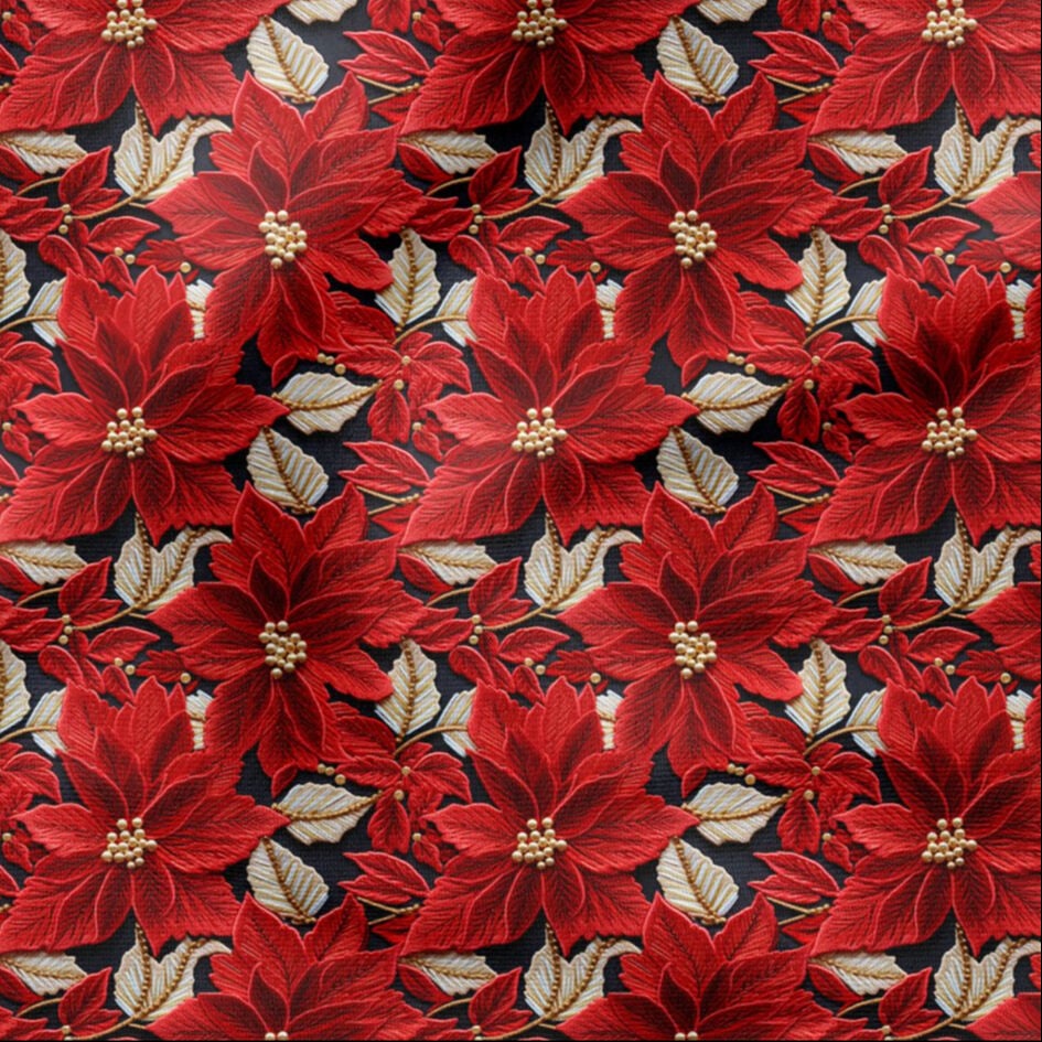 Yılbaşı Koleksiyonu- 3D Nakış Efektli Kırmızı Poinsettia Yılbaşı Çiçeği Çok Amaçlı Dekoratif Dijital Baskı Kumaş