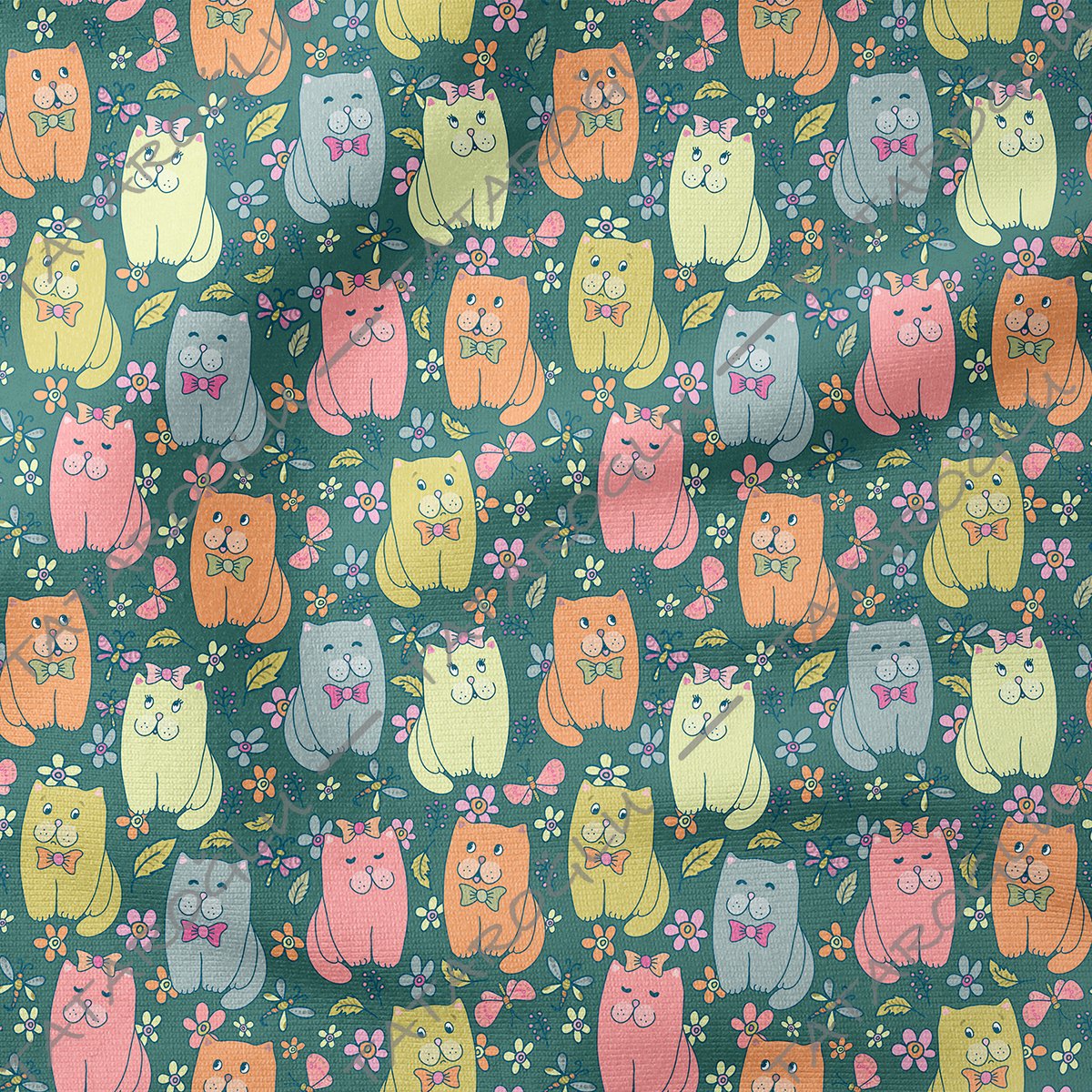 Green Background Cute Cat Patterned Fabric