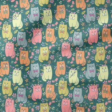 Green Background Cute Cat Patterned Fabric