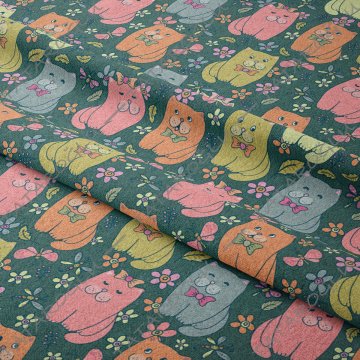 Green Background Cute Cat Patterned Fabric