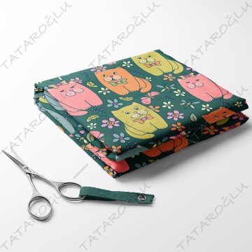 Green Background Cute Cat Patterned Fabric