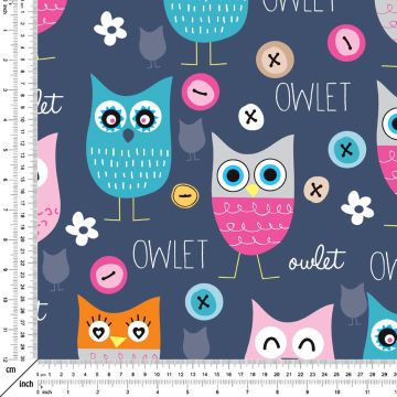 Digital Printed Fabric with Baby Owls Pattern on Dark Blue Background (FALL SALE)