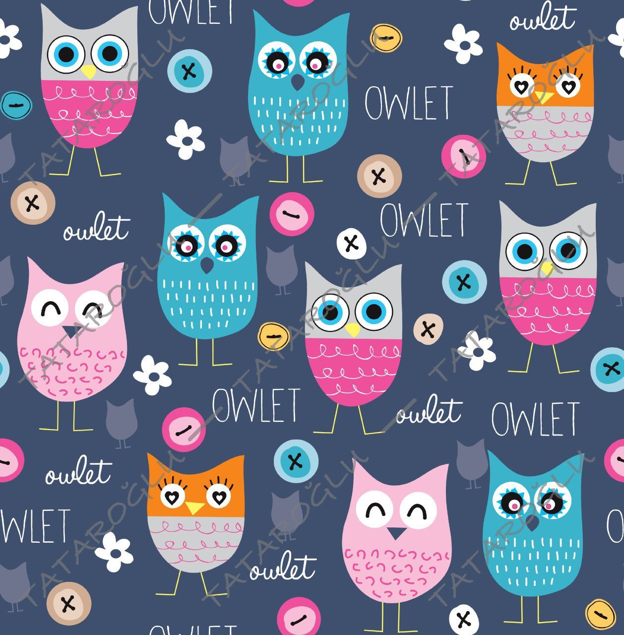Digital Printed Fabric with Baby Owls Pattern on Dark Blue Background (FALL SALE)