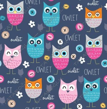 Digital Printed Fabric with Baby Owls Pattern on Dark Blue Background (FALL SALE)