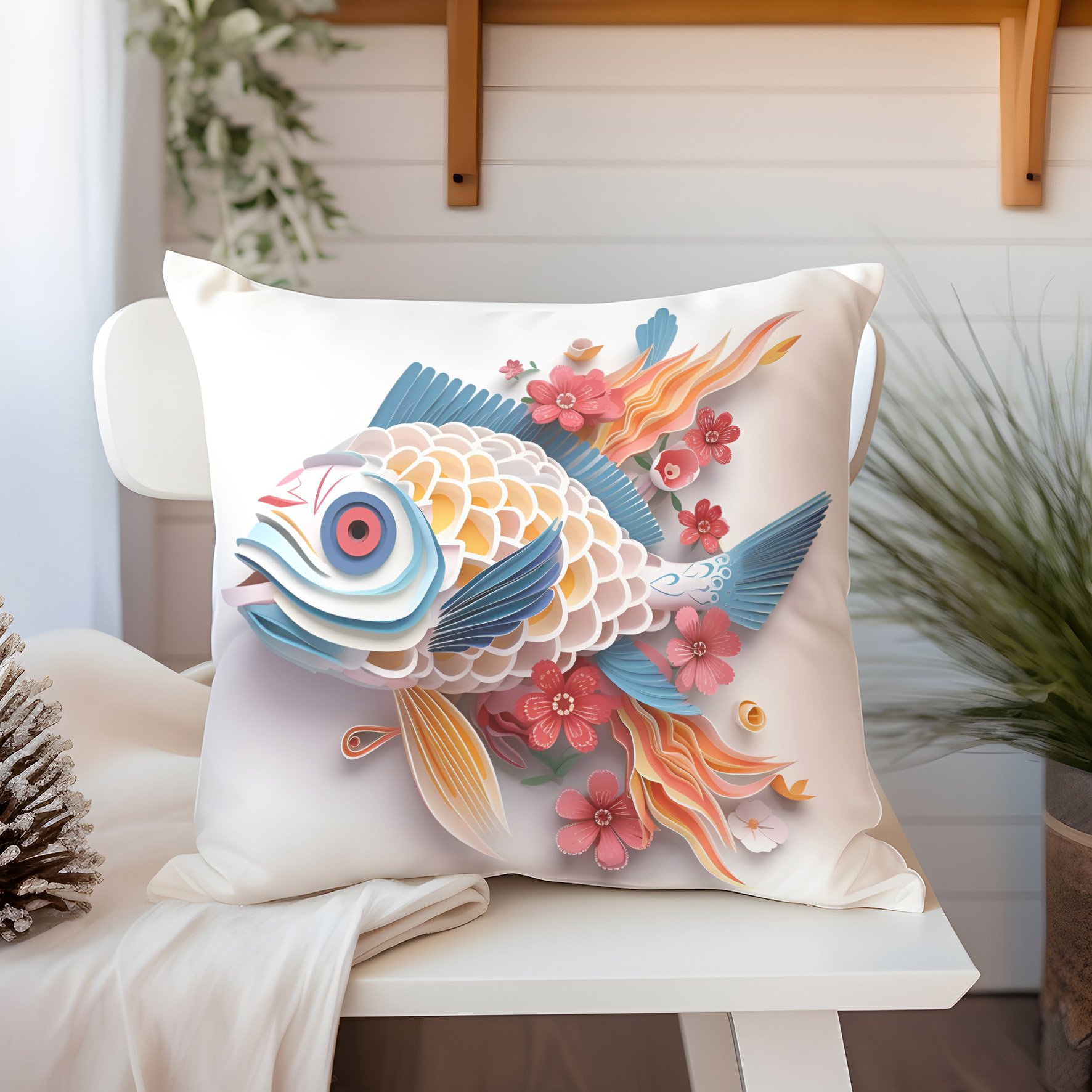 3D Deniz Temalı Kırlent Paneli Dikilmemiş Kumaş