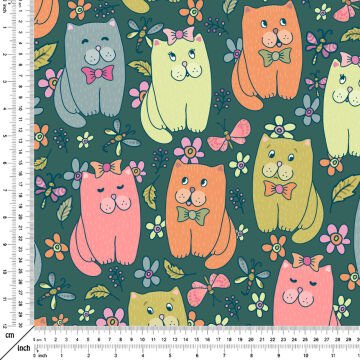 Green Background Cute Cat Patterned Fabric