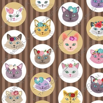 Kahve Çizgili Zemin Üzerine Çiçek Taçlı Kedi Desenli Kumaş