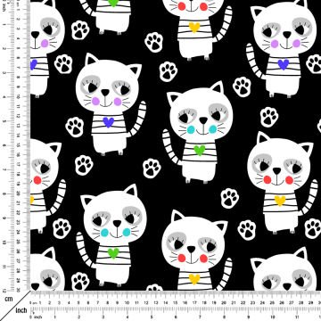 Siyah Zemin Üzerine Renkli Çizgili Kedi Desenli Kumaş