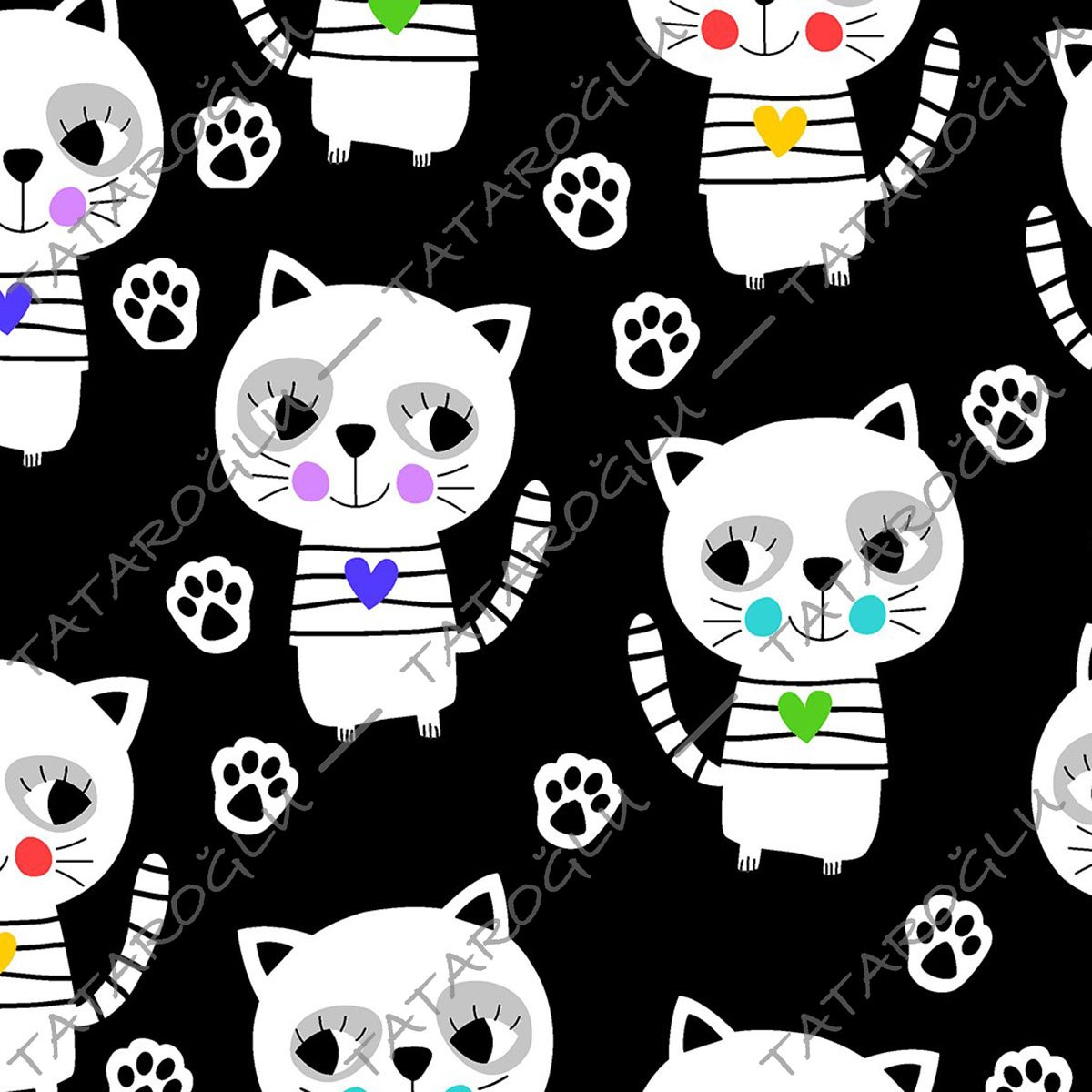 Siyah Zemin Üzerine Renkli Çizgili Kedi Desenli Kumaş