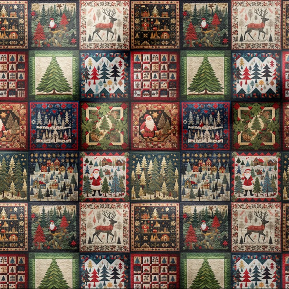 Yılbaşı Koleksiyonu- 3D Nakış Efektli Yılbaşı Patchwork Babaanne Battaniye Çok Amaçlı Dekoratif Dijital Baskı Kumaş
