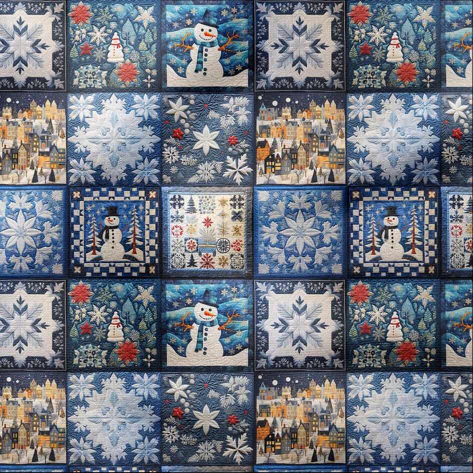 Yılbaşı Koleksiyonu- 3D Nakış Efektli Yılbaşı Patchwork Babaanne Battaniye Çok Amaçlı Dekoratif Dijital Baskı Kumaş