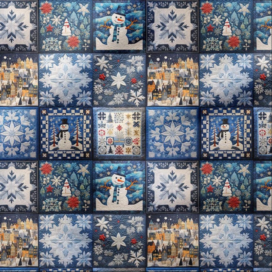 Yılbaşı Koleksiyonu- 3D Nakış Efektli Yılbaşı Patchwork Babaanne Battaniye Çok Amaçlı Dekoratif Dijital Baskı Kumaş