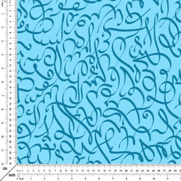 Ramazan Koleksiyonu - Turkuaz Zemin Geometrik Kaligrafik Harfler Tasarım Kumaş