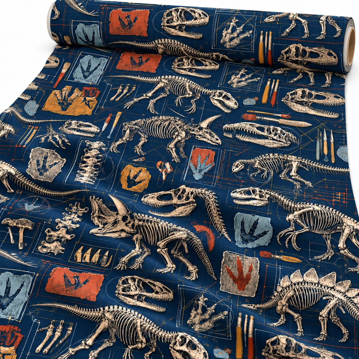 Dinozor İskeleti Desenli Kumaş – Vintage Fosil ve Paleontoloji | D-LEG-1981
