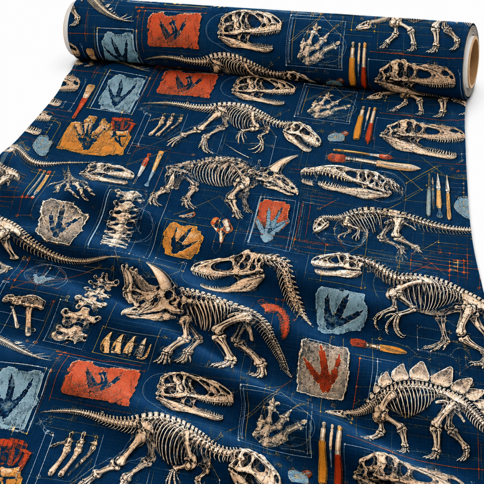 Dinozor İskeleti Desenli Kumaş – Vintage Fosil ve Paleontoloji | D-LEG-1981