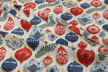 Christmas Collection - 3D Embroidery Effect Christmas Tree Decorations Red and Blue Multi-Purpose Decorative Digital Printing Fabric