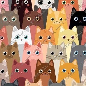 Karışık Renkli Sevimli Kedi Desenli Kumaş