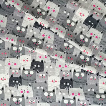 Gri Tonlu Pembiş Yanaklı Kedi Desenli Kumaş