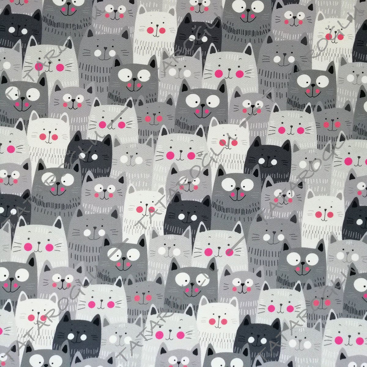 Gri Tonlu Pembiş Yanaklı Kedi Desenli Kumaş