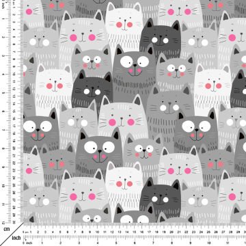 Gri Tonlu Pembiş Yanaklı Kedi Desenli Kumaş