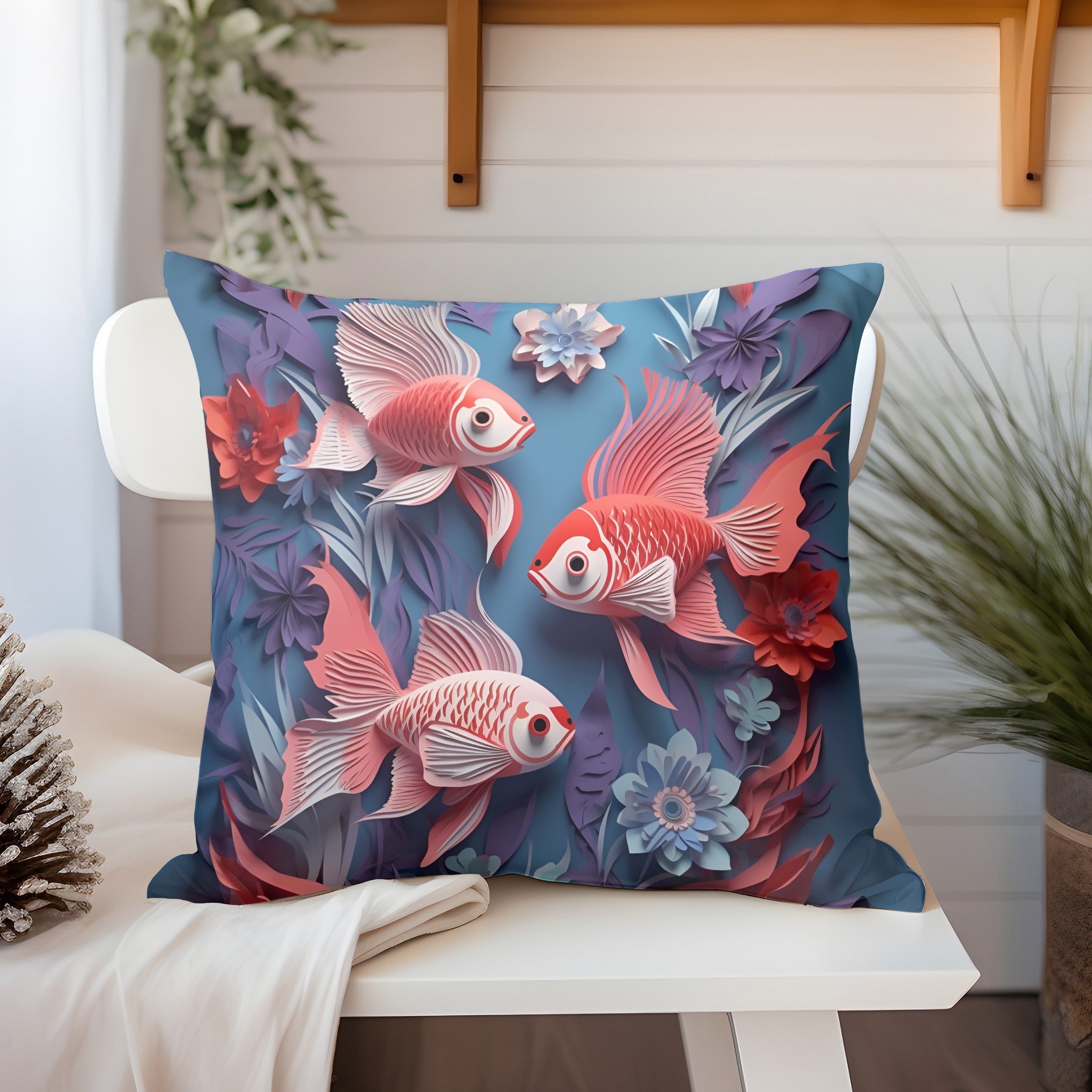 3D Deniz Temalı Kırlent Paneli Dikilmemiş Kumaş