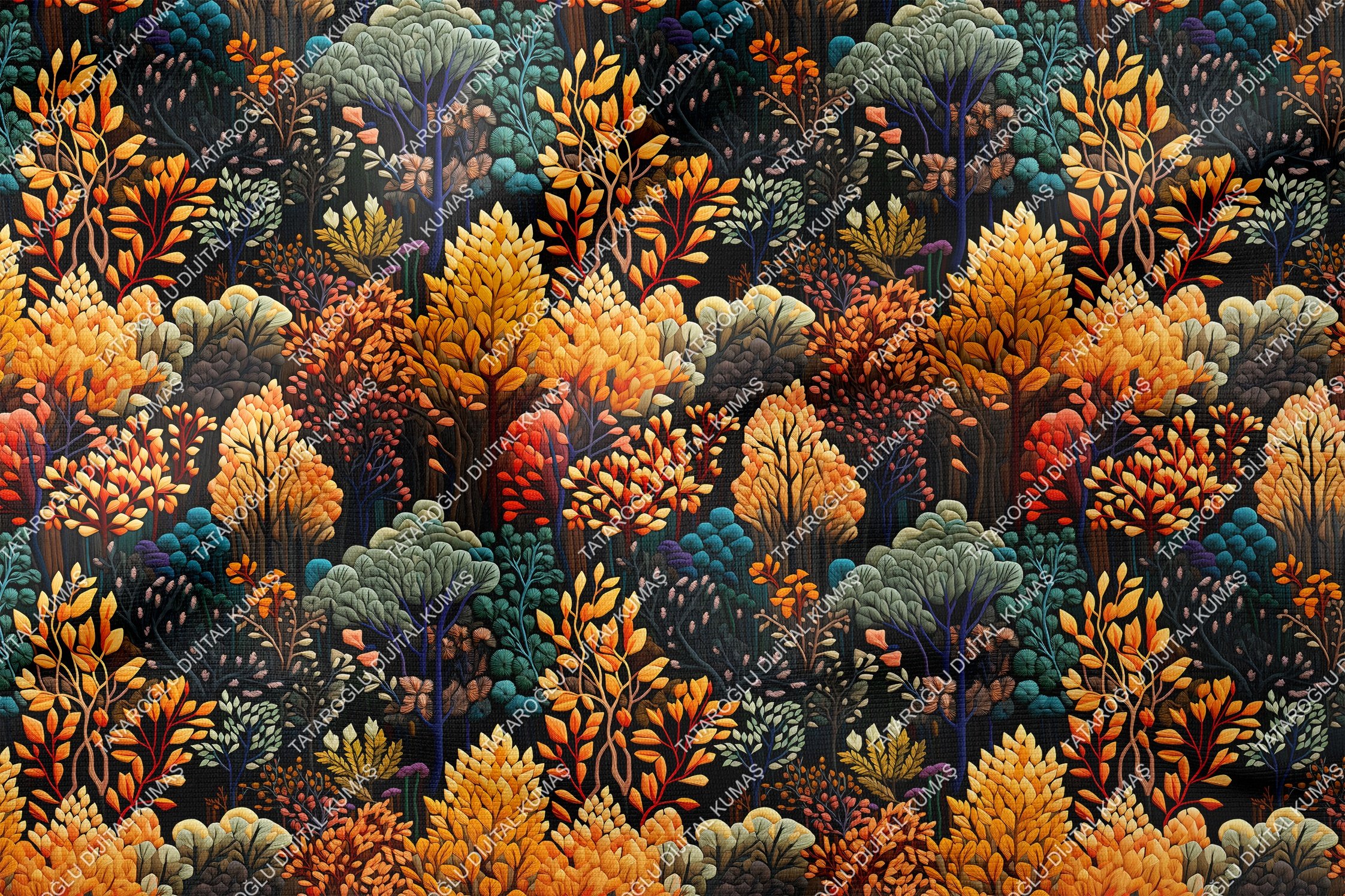 3D Sonbahar Renkli Çiçekli Ağaçlı Dekoratif Dijital Baskı Kumaş