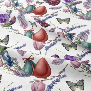 Happy Easter- Paskalya Sulu Boya Efektli Pembe ve Mor Kuş Tüyleri, Kelebekler ve Süslü Paskalya Yumurtaları Desenli Tasarım Kumaş