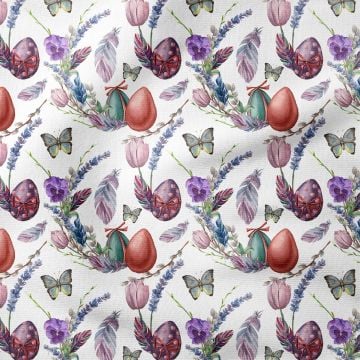 Happy Easter- Paskalya Sulu Boya Efektli Pembe ve Mor Kuş Tüyleri, Kelebekler ve Süslü Paskalya Yumurtaları Desenli Tasarım Kumaş
