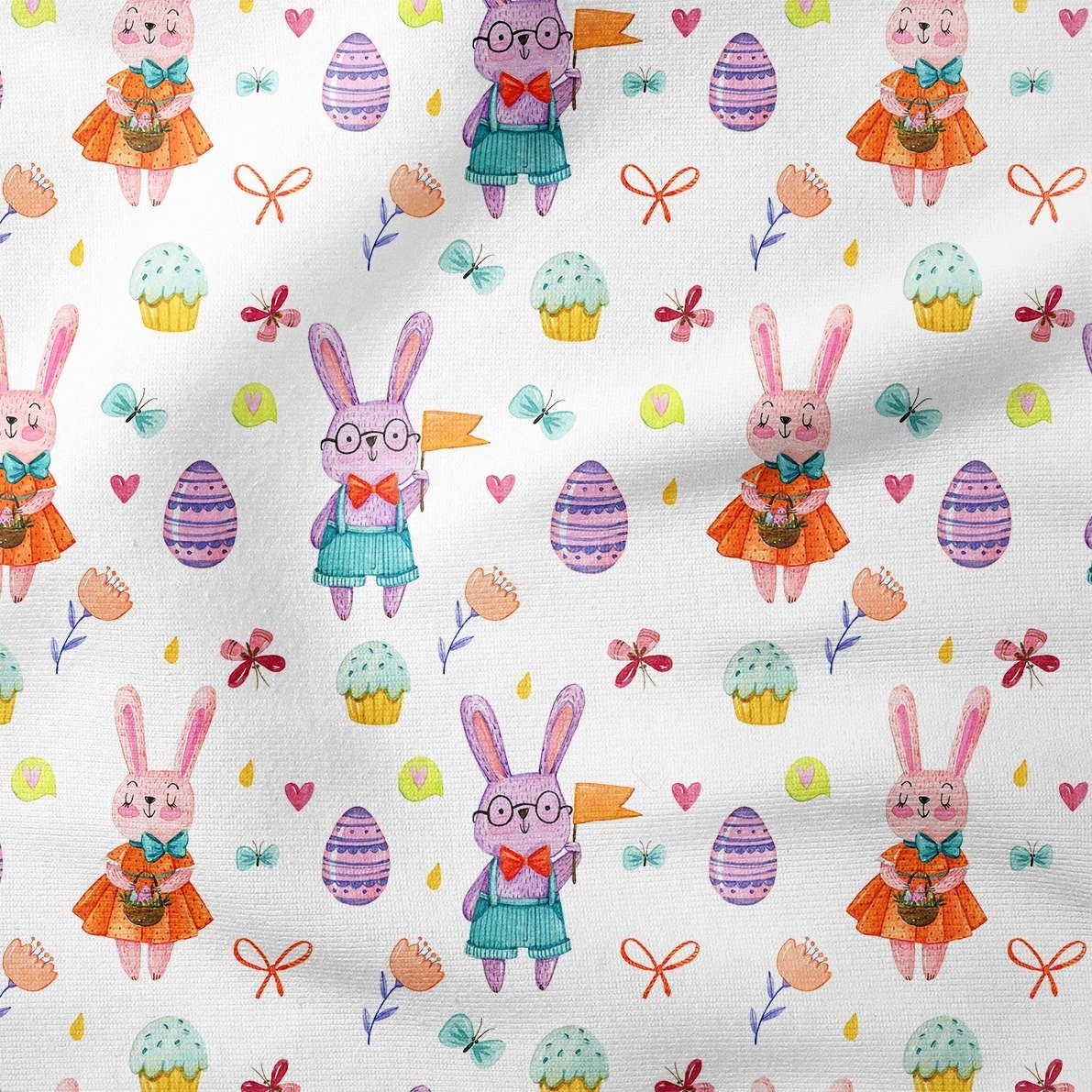 Happy Easter- Paskalya Yumurtaları, Kelebekleri, Muffin Tatlılar ve Kostümlü Sevimli Tavşanlar Desenli Tasarım Kumaş