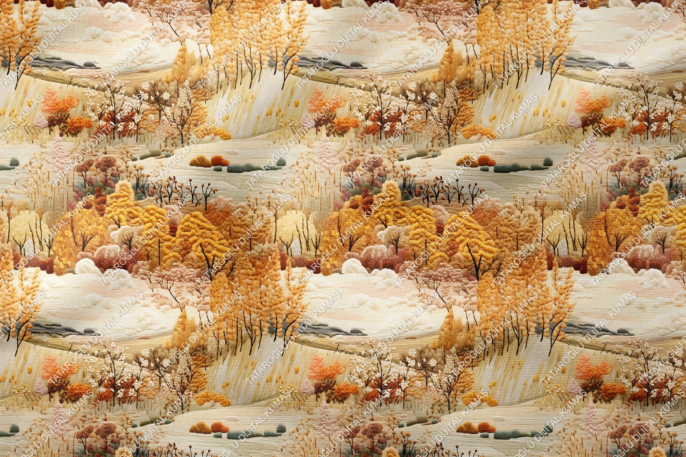 3D Sonbahar Krem Çiçekli Ağaçlı Dekoratif Dijital Baskı Kumaş